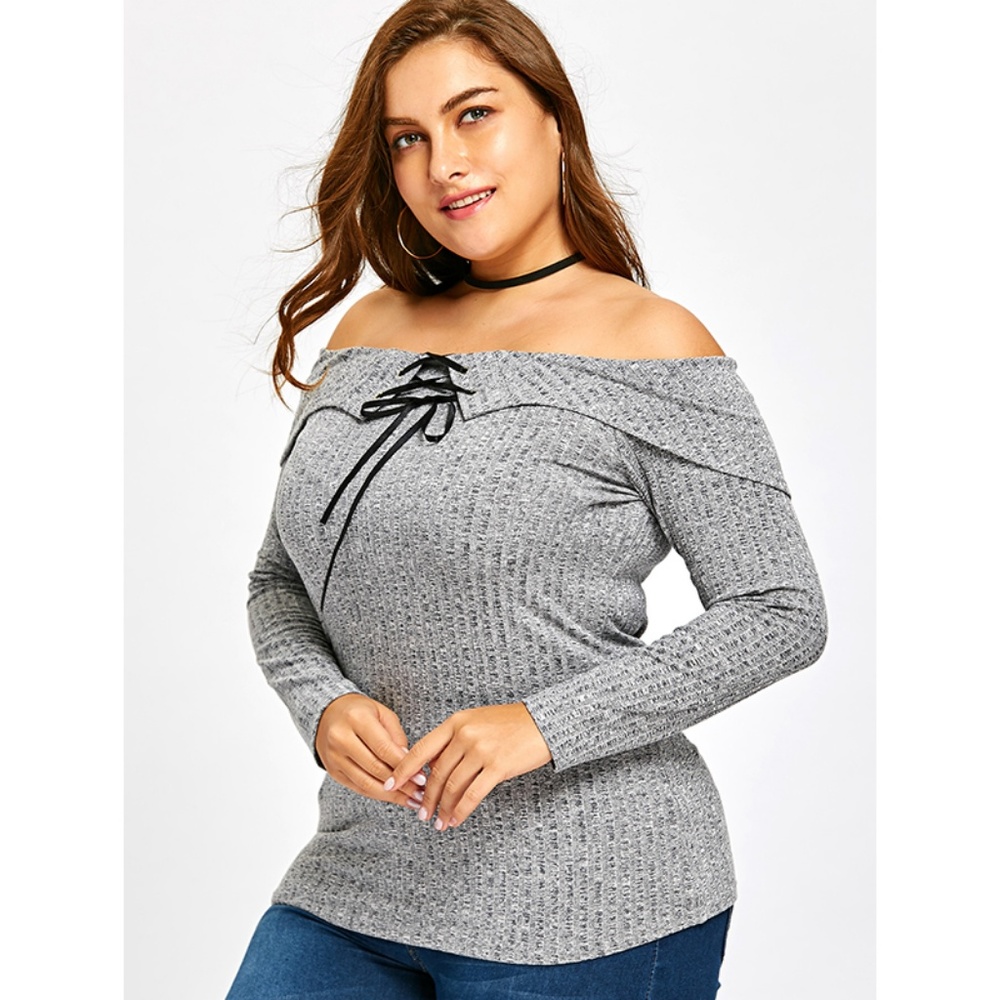 Plus Size Off Shoulder Ribbed Gray Ribbon Top - Picture 3 of 8
